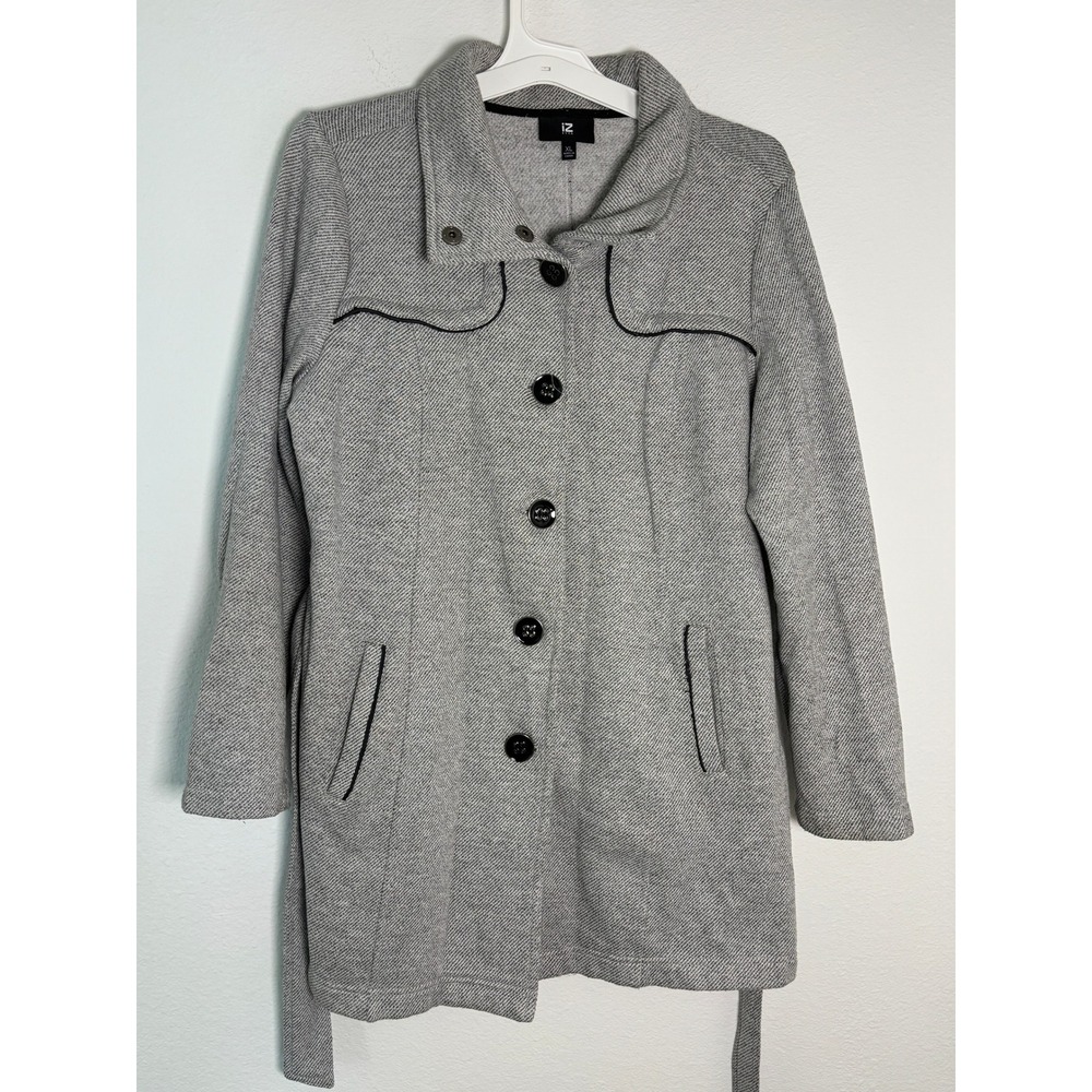 IZ Byer California Grey Herringbone Knit Pea Coat Jacket Womens XL Belted Trench